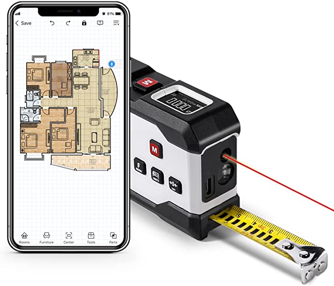 Laser Distance Tape Meters with Phone App, 2D Floor Plan + 3D Rendering,2 in 1 Bluetooth Laser Measure 6 Unit Switching, USB-Charge, Measure Distance,Area, Volume(195ft)